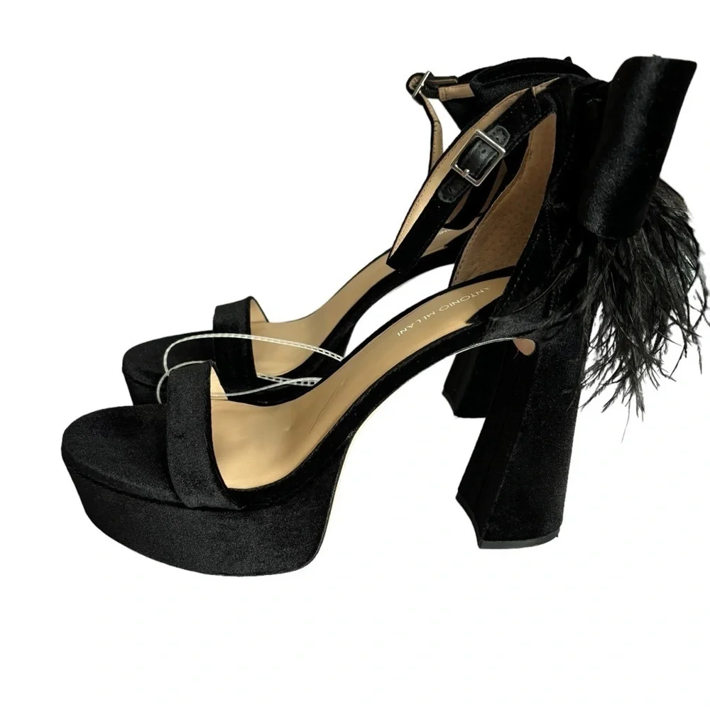 ANTONIO MELANI Black Platform Feather Ankle-Strap Sandals